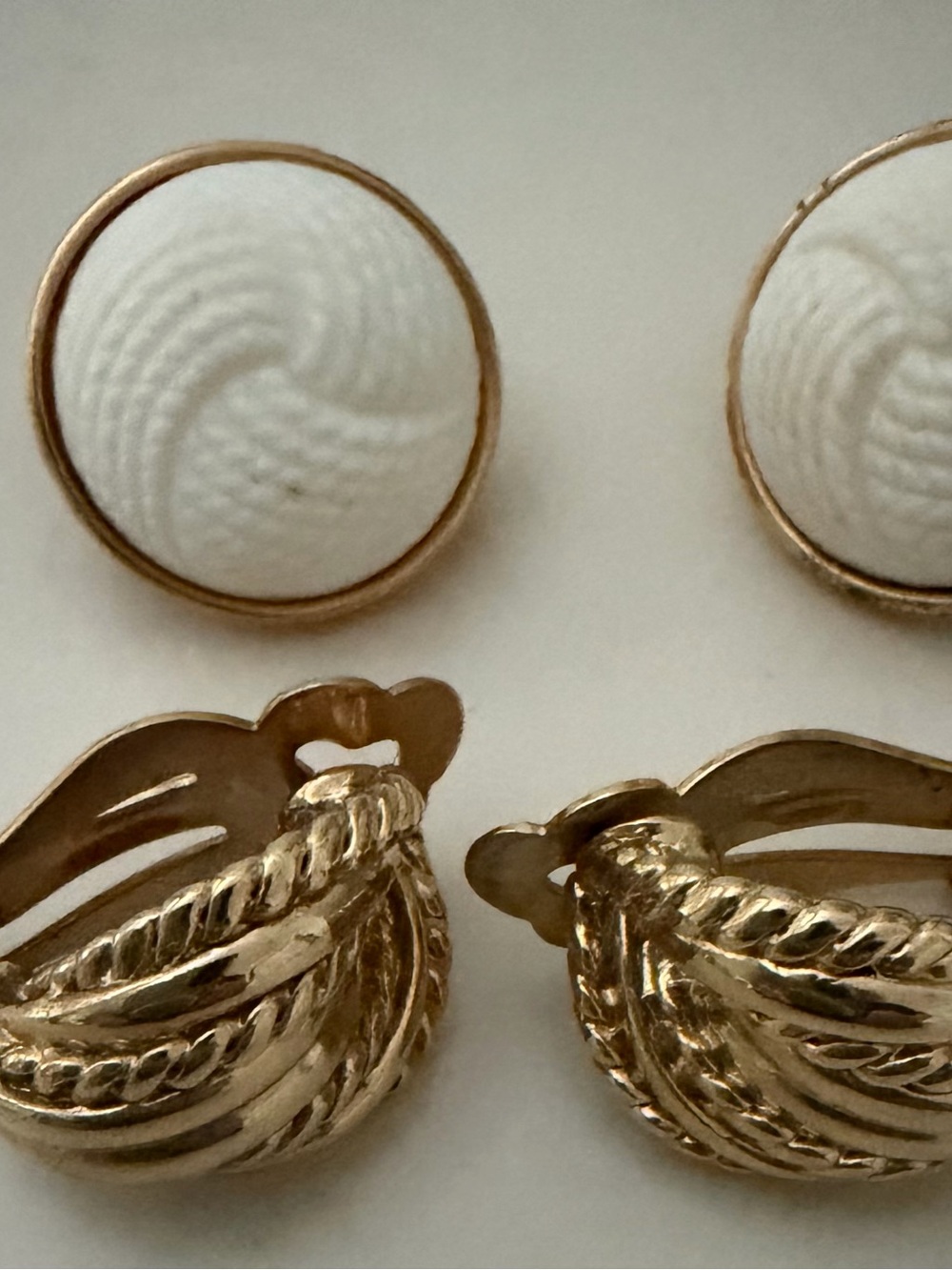 TWO Pair of Gold Clip-on Earrings White & Gold Huggies